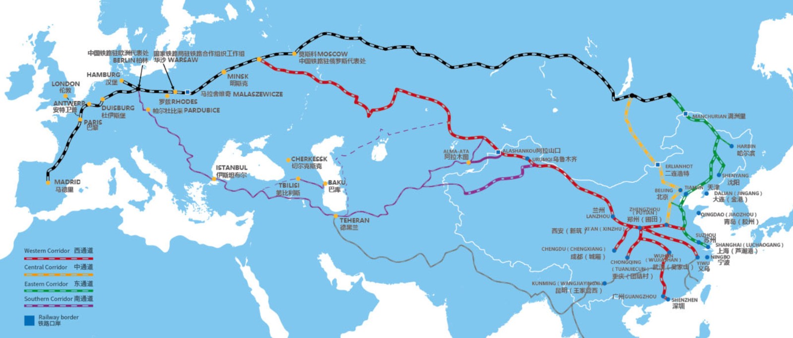 中亞鐵路中歐班列過境站 站點(diǎn) 里程 路線圖 